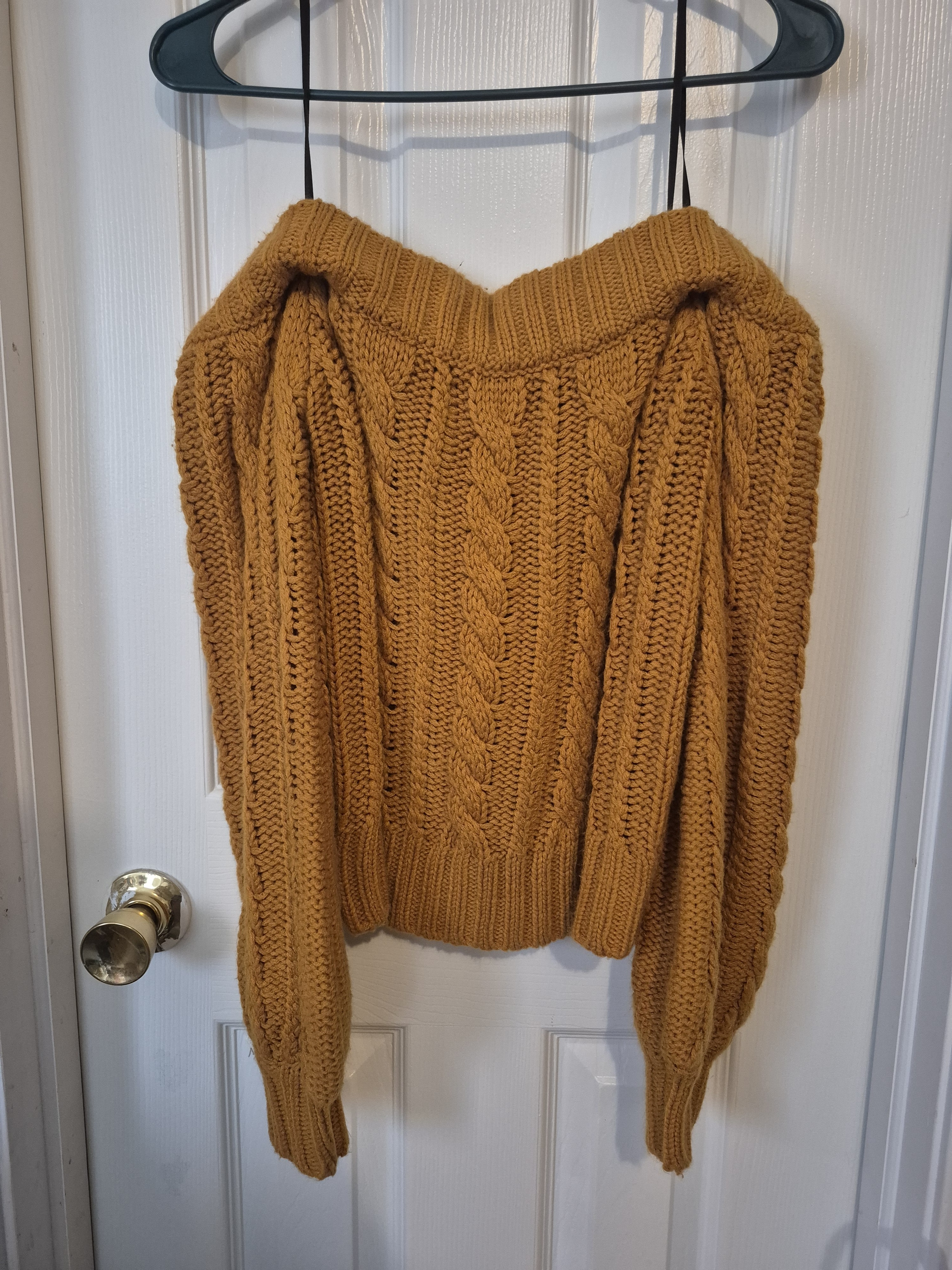Forever 21 Mustard Cable-Knit Off-Shoulder Sweater